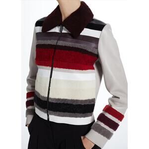 Fendi Taupe Multi-Color Stripe Leather Jacket Front Zip Removable Collar 44 / XL